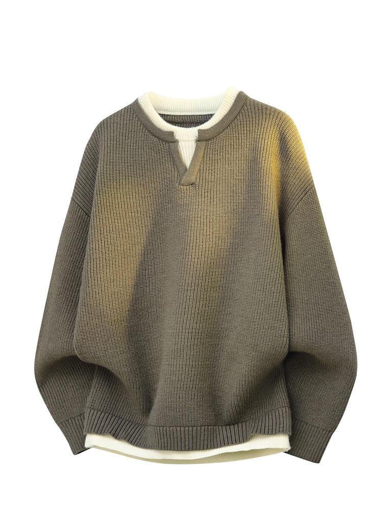 Winter Fake Two-piece Knitted Sweater Men's Lazy Style Pullover Thread Coat Loose Inside with Crew Neck Bottoming Shirt