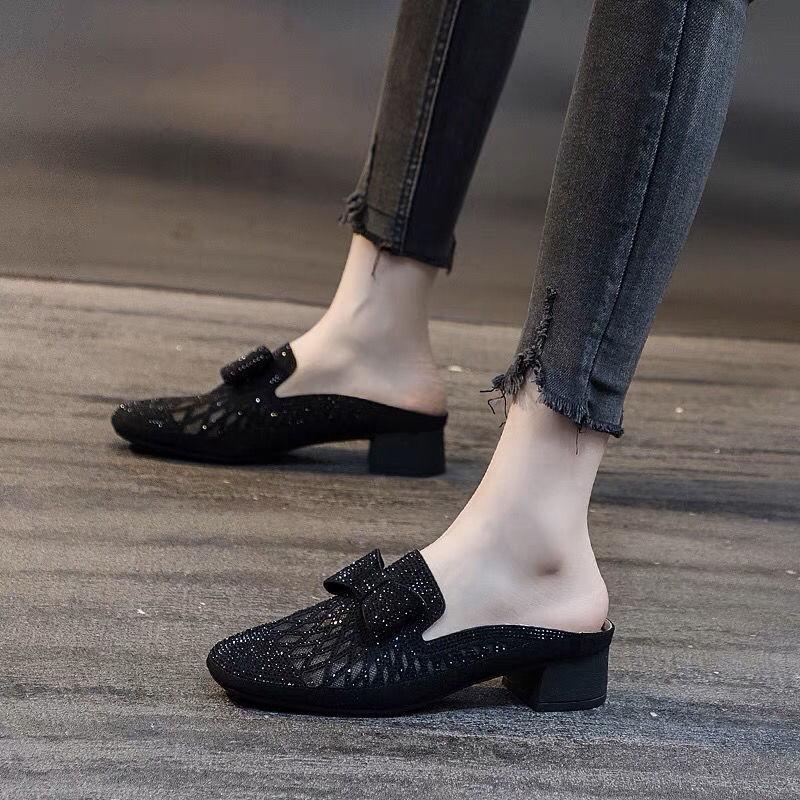 Rhinestone With Bow Women's Slippers and Ladies Sandals Medium Heel Mesh Breathable Casual Shoes 2025 Luxury 39 Low Price Slides