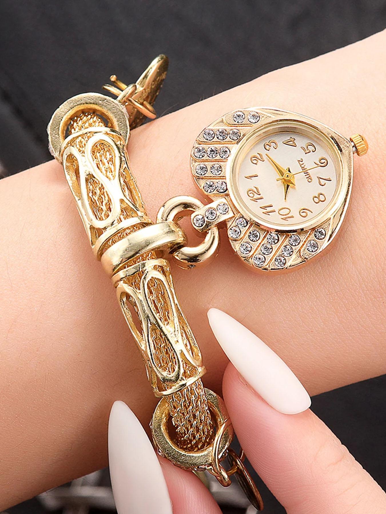 

Цилиндрическая стальная сетка с браслетом, часы с корпусом в виде бриллиантового персикового сердца, модные часы, персонализированные ретро женские часы золотой