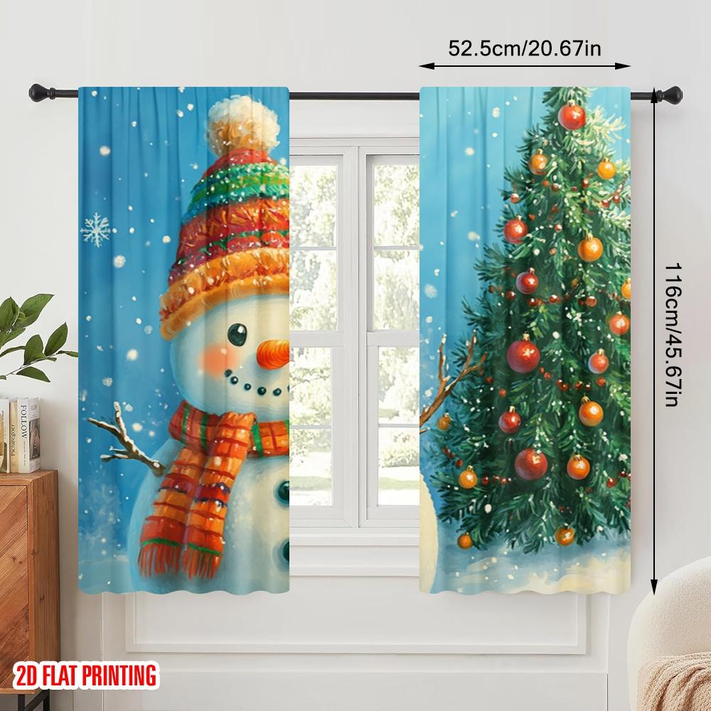 2pcs,2D Plane Printing Pattern Curtains Cute Snowman Christmas Tree_d (3) 100% Polyester (without Rod) All Seasons Perfect for