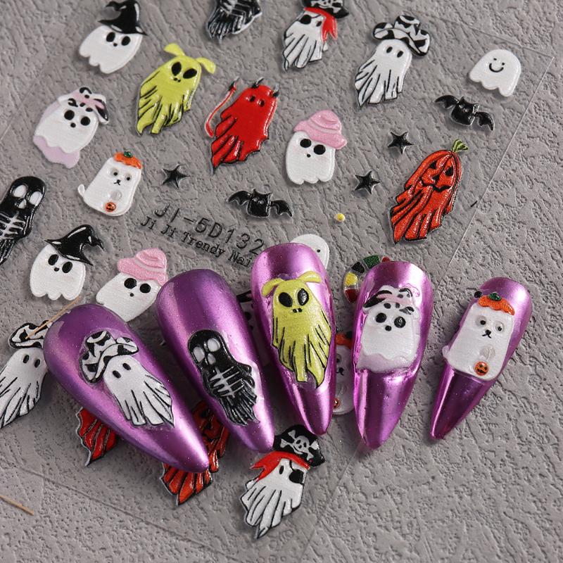 1 Feuille Autocollante Décalcomanies pour Ongles Autocollants Halloween 5D texturés pour Ongles avec Motifs Fantôme Citrouille Sorcière Curseur Manucure