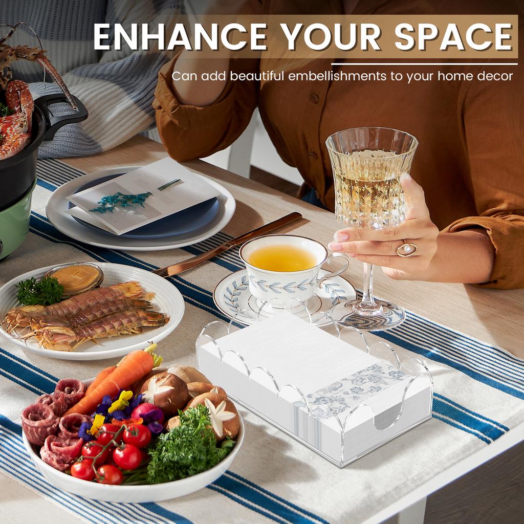 2Pcs Acrylic Napkin Holder Rectangular Clear Hand Towel Holder Fashion Paper Napkin Scalloped Tray for Bathroom Kitchen Table