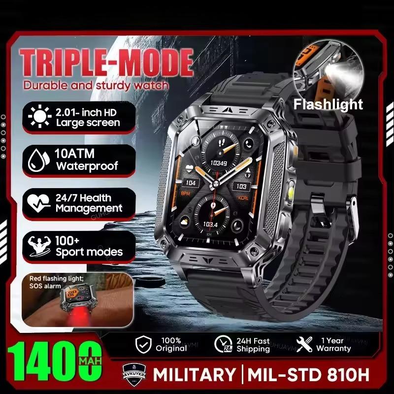 

2026 New Men upgraded 1400mAh Battery Capacity Smart Watch GPS Heart Rate Flashlight BT Call 10ATM Waterproof AMOLED HD Smartwatches Black