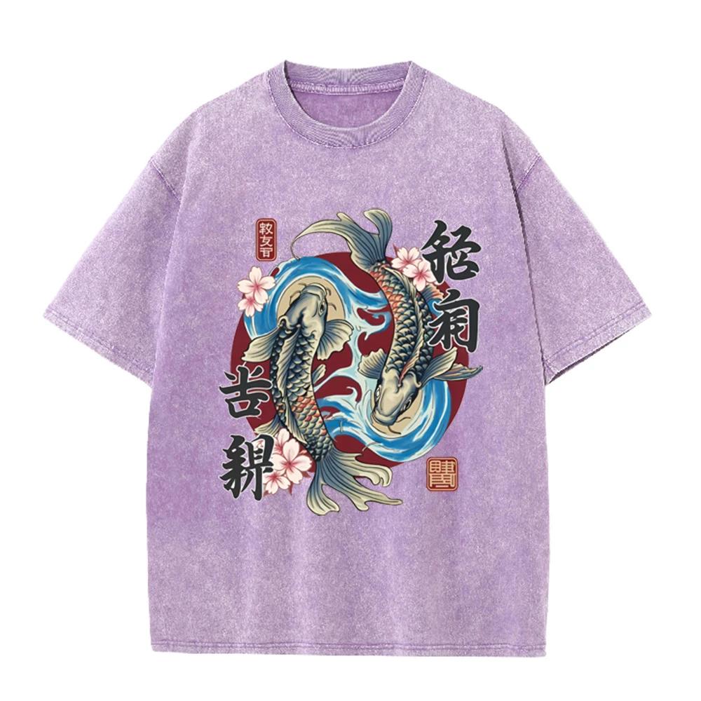 2026 Mens Japanese Style Koi Fish Carp Printed Crew Neck Tee 100 Pure Cotton Loose Fit Soft Breathable Short Sleeve Daily Walkin