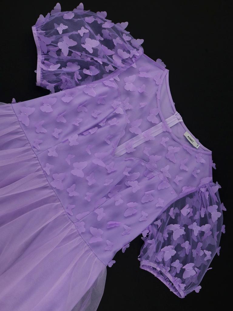 AOMEI Levandulové motýlí šaty pro ženy O výstřih s krátkým nabíraným rukávem Krásné narozeninové plesové šaty