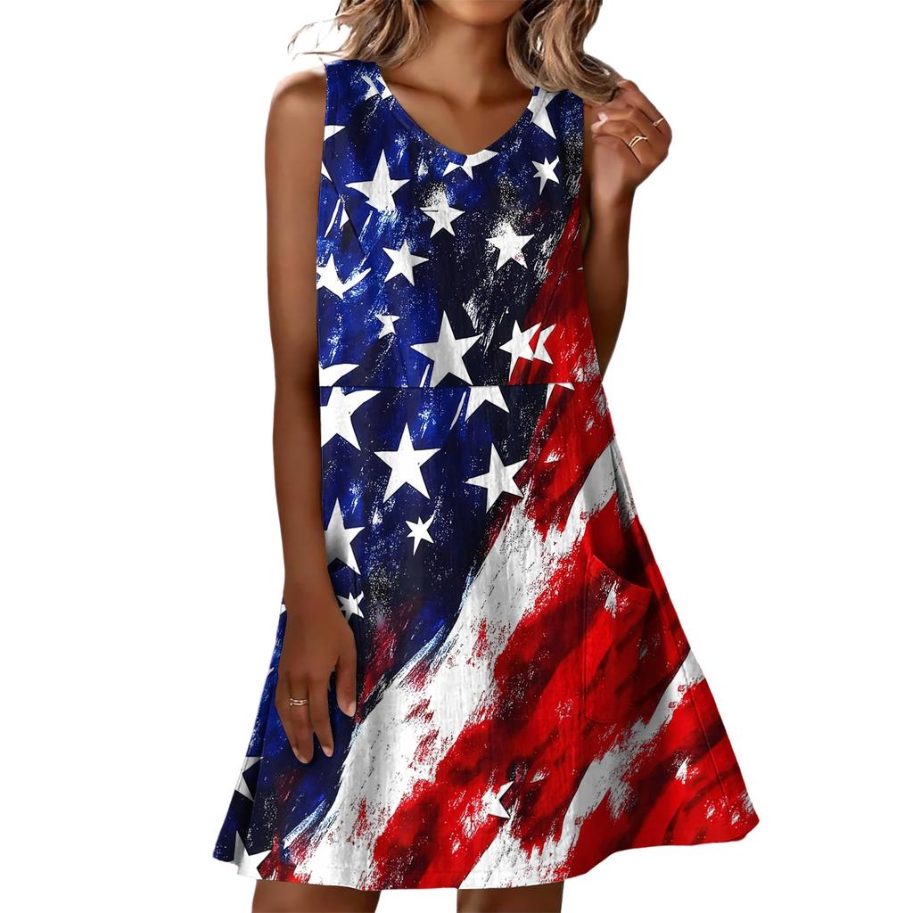 Summer Dresses For Women Loose Beach Vacation Casual Sleeveless V-neck  Sundresses With Pockets Tank Dress