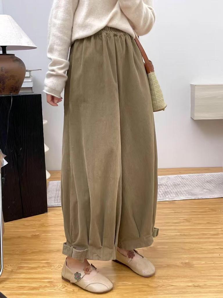 Johnature Japanese Corduroy Wide-leg Pants Women Autumn Loose Versatile Casual Retro Corset Pressed Pleated Pants
