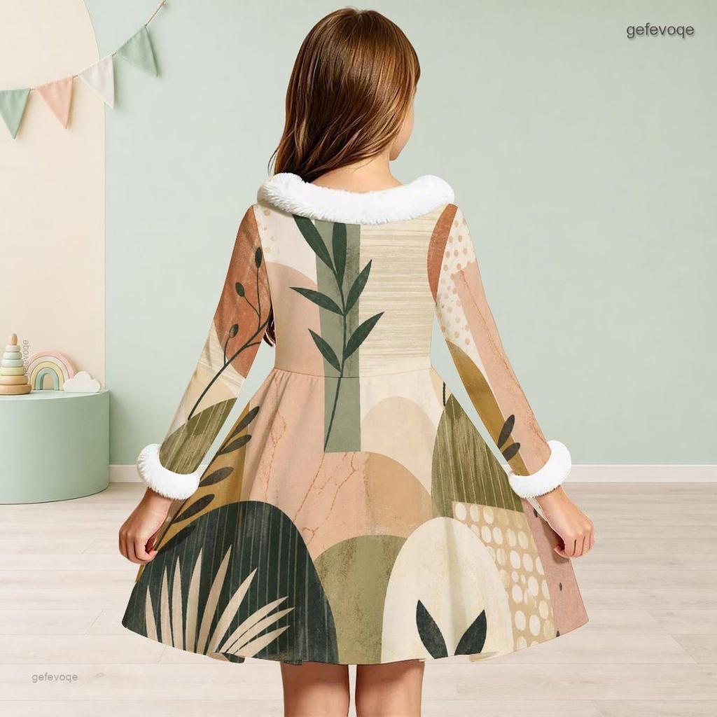 Little Girls Furry Collar Long Sleeve Printed A Line Flared Dress