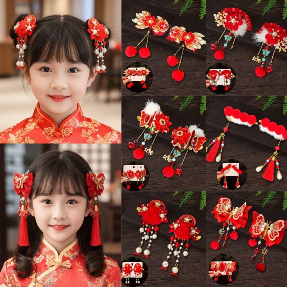 1 Pair Pearl New Year Headwear Chinese Style Bow Tassel Hairpin Hanfu Red Hair Clips New Year Gifts