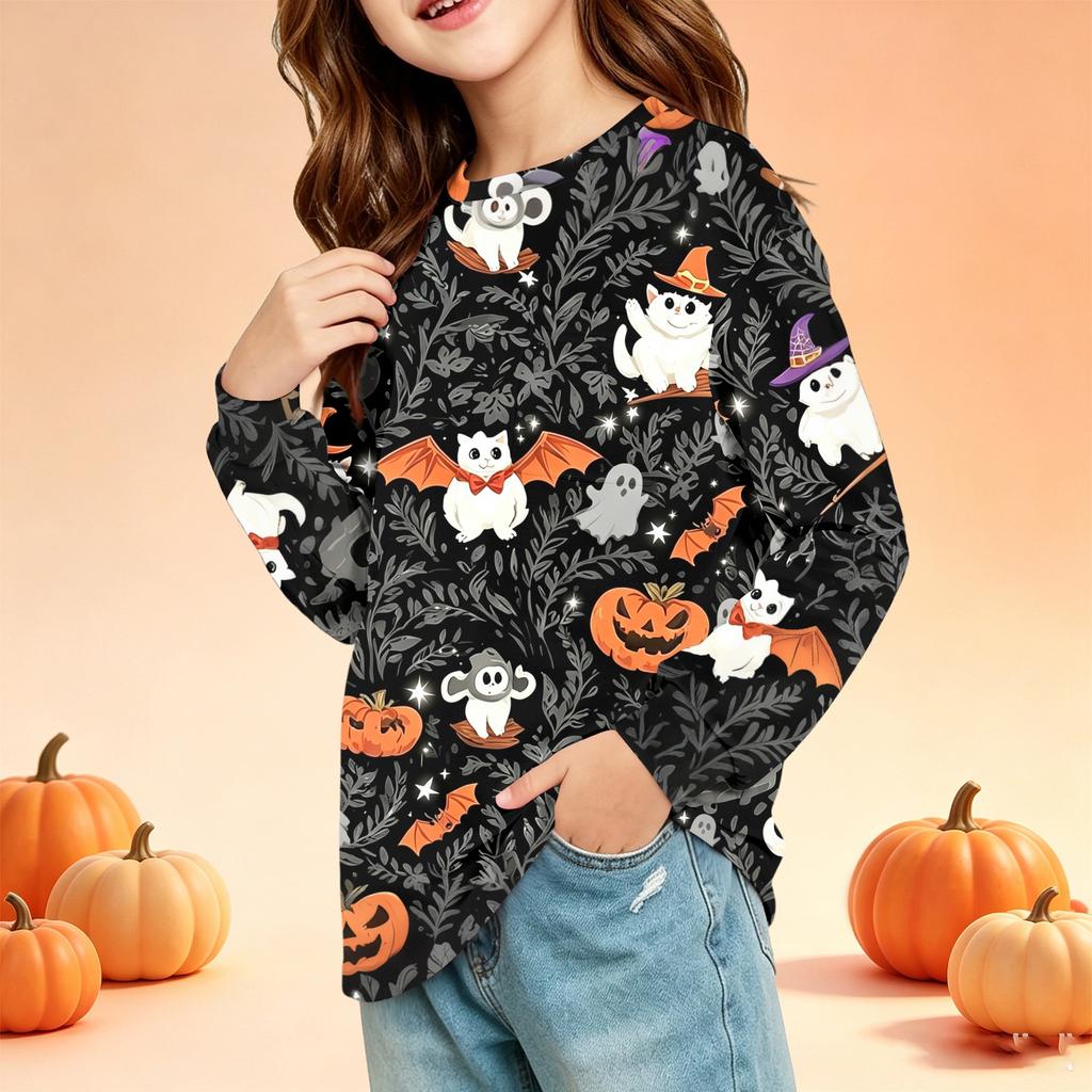 Kids Halloween Print Long Sleeve Neck T-Shirt with Pockets