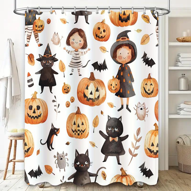 Halloween-themed bathroom shower curtain featuring cute illustrations of cats, pumpkins, and witches watercolor design for kids