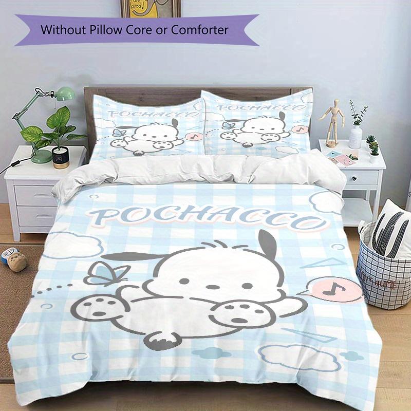 3pcs Blue Grid Pochacco Bedding Set, Including 1 Quilt Cover and 2 Pillow Shams, Without Filling, Soft and Comfortable Home Bedroom Fabric,