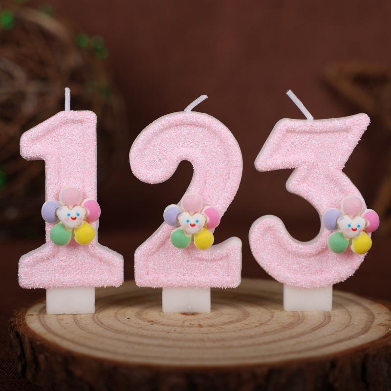 Five-color Flower Number Birthday Candle Pink Cake Decoration Birthday Handmade Candle 0-9