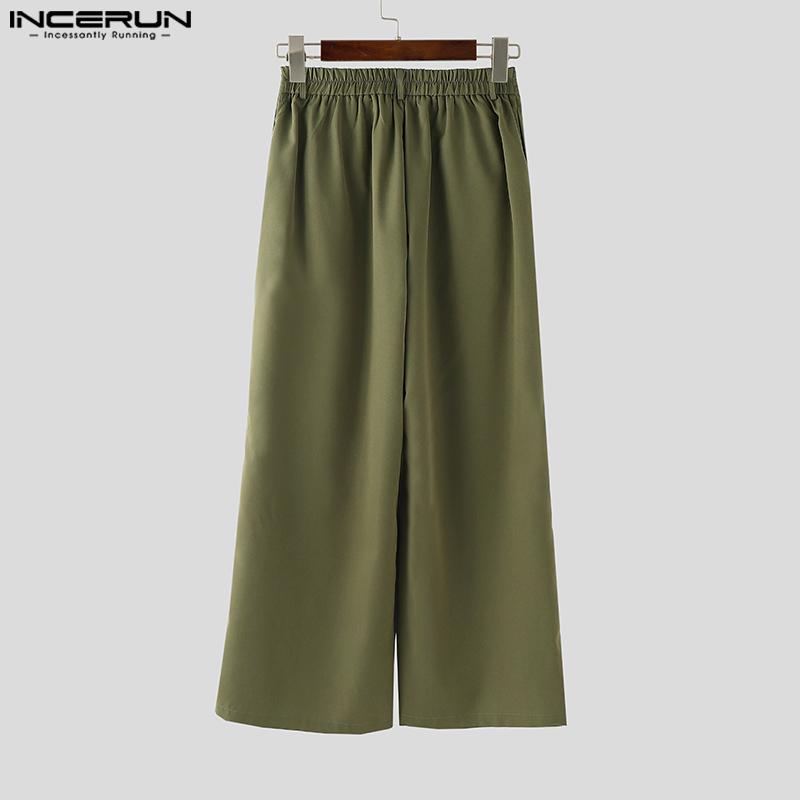 INCERUN Men Zip-up Elastic High Waist Trousers Casual Long Wide Legs Pants