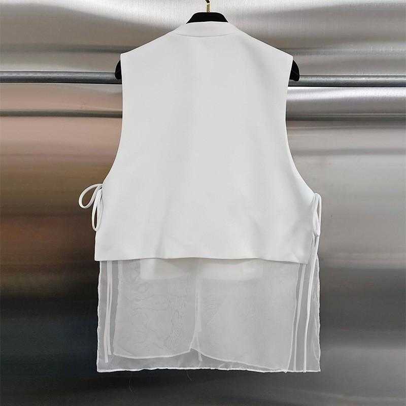 Womens 2026 Heavy Sequined 3D Flower Mesh Patchwork Vest Trendy Street Style V-Neck Waistcoat