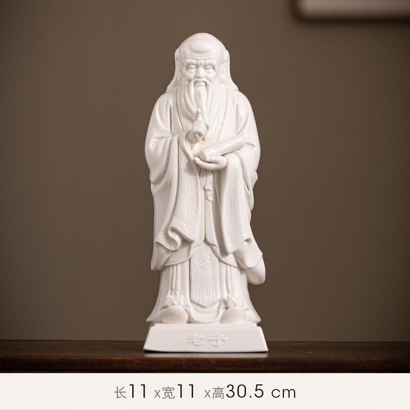 Chinesisches Feng Shui zeigt eine Statue von Laozi und Konfuzius, eine Skulptur aus weißem Porzellan, eine Schreibtischdekoration, eine Statue von Co