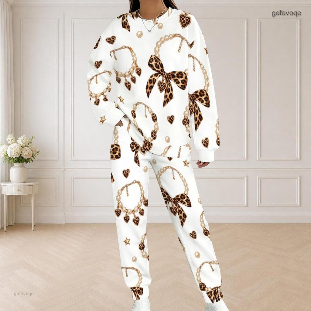 Women Plus Size Round Neck Long Sleeve Top And Pants Set Lipstick Leopard Printed Casual Outfit