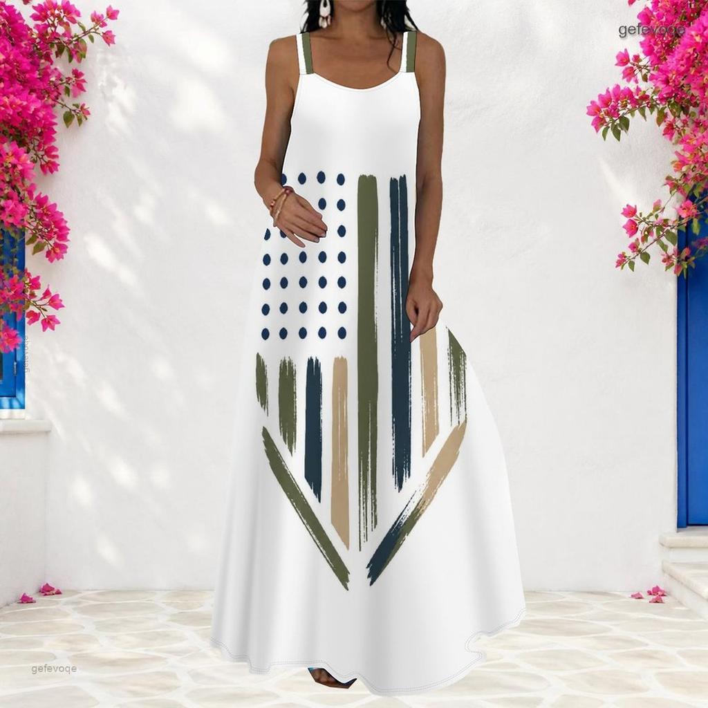 Women Plus Size Scoop Neck Strappy Sleeveless American Flag Printed A Line Long Dress