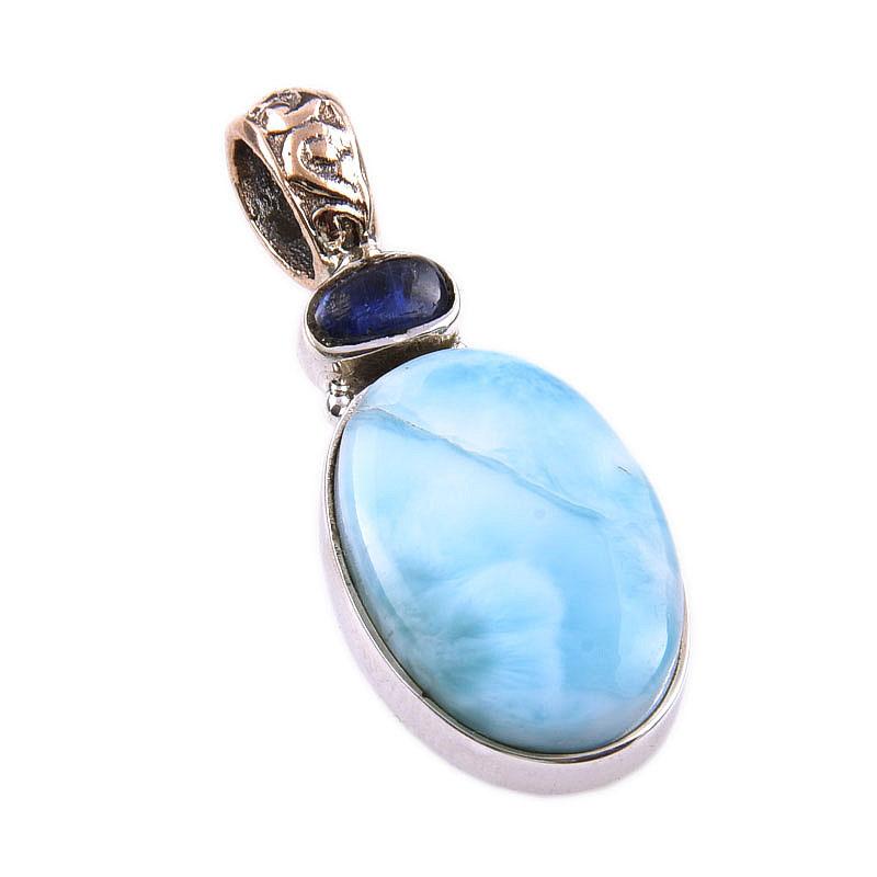 Natural Republic Larimar, Kyanite 925 Solid Sterling Silver Pendant 1.50'' C8U62