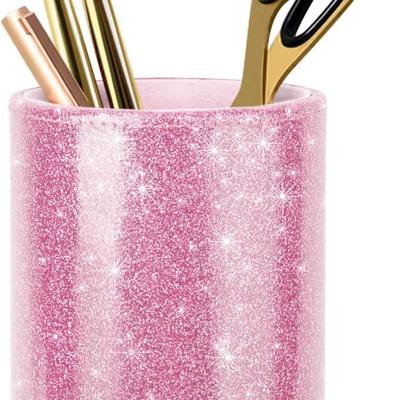 Large Glitter Pink PU Leather Pen Cute Sparkling Pencil Cup Organizer with Desk Accessory for Women Girls Makeup Brush Holder