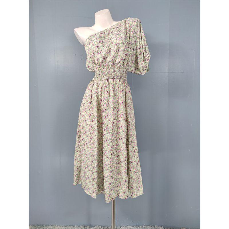 

Foreign Trade Order Exquisite Print Lady Temperament Single Shoulder Slimming Niche Oblique Collar Design Waist Hugging Versitile Fashion Dress Purple Green 2XL