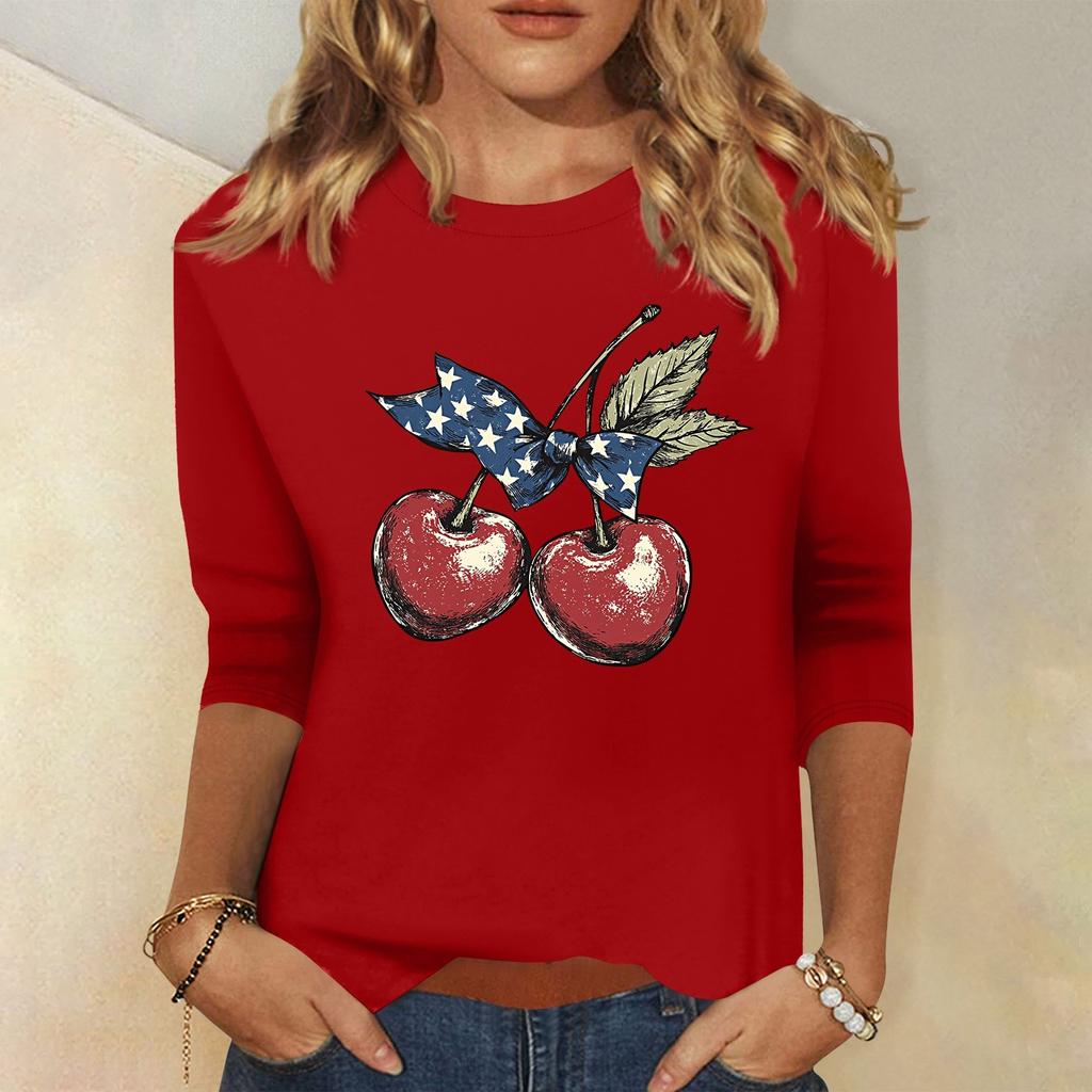 Women's Fashion Casual Round Neck 3/4 Sleeve Loose Independence Day Printed T-Shirt Ladies Top