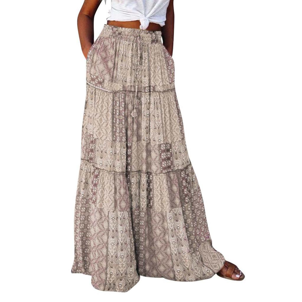 Women's Fashion Bohemian Print Elastic Waist Skirt Loose Casual High Waist Tie Long Skirt