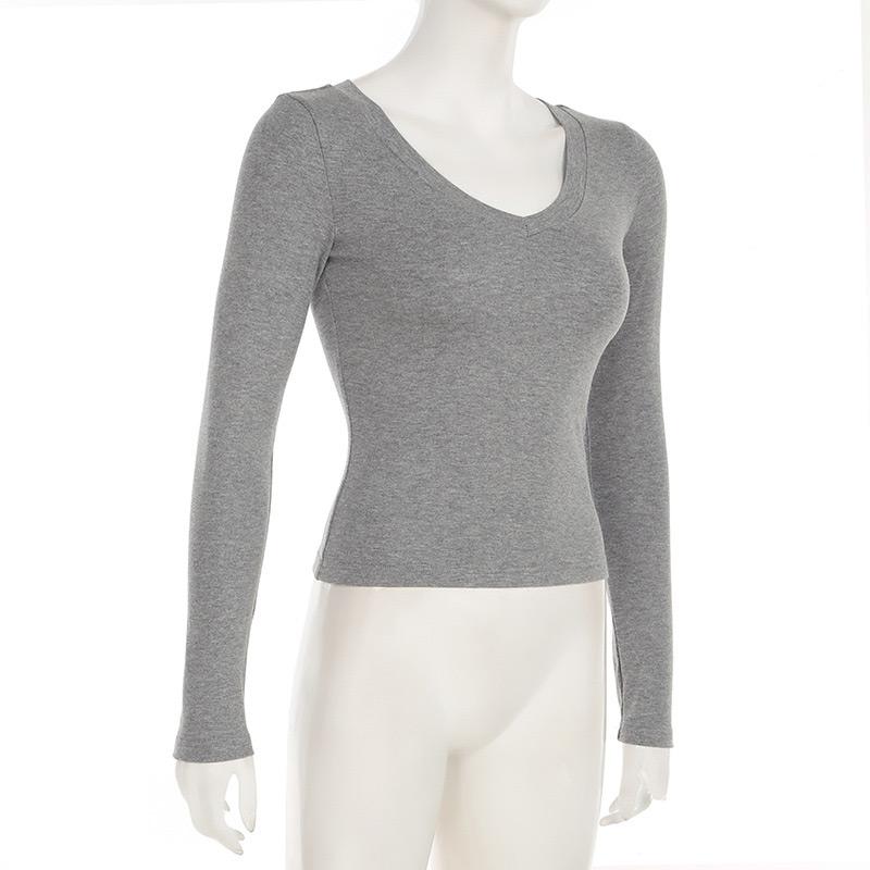 Women Plunging Neck Basic T-Shirt Autumn Solid Slim-fitting Full Sleeve Top Casual Versatile Simple  Shirt