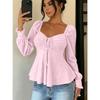 Women V Neck Drawstring Ruched Solid Color Loose Long Sleeve Casual T Shirt