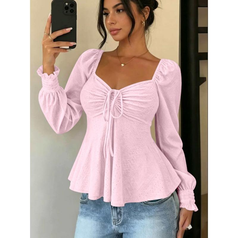 Women V Neck Drawstring Ruched Solid Color Loose Long Sleeve Casual T Shirt