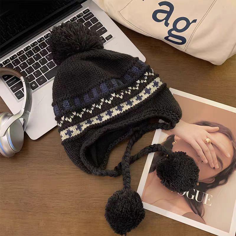 Wool Ball Knitted Hat for Women In Winter Korean Style Thickened and Velvet Cold Proof Woolen Hat Showing Face Little Lei Feng Hat