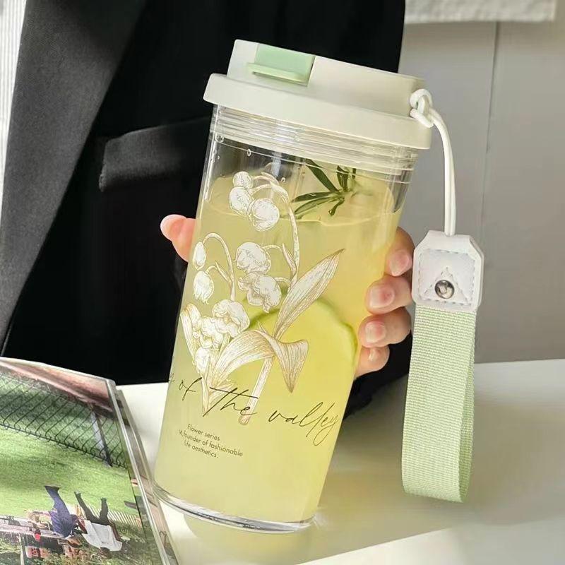 Water Bottle Lily of the Valley Water Cup 1011 New Girls High Value Straw Cup Accompanying Cup Plastic Cup High Sense Light Luxury Water Cup