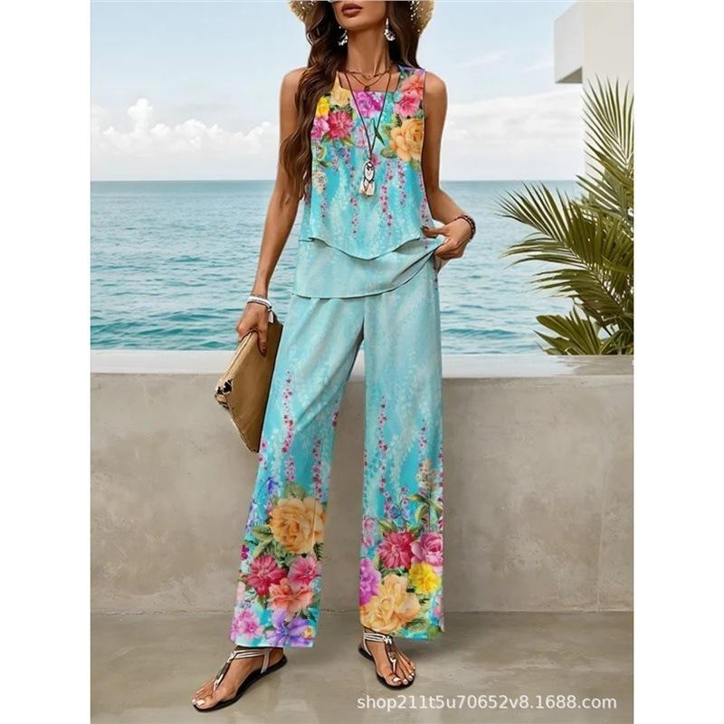 Bohemian women's sleeveless suit is suitable for daily wear, vacation sleeveless suit, spot solid color premium