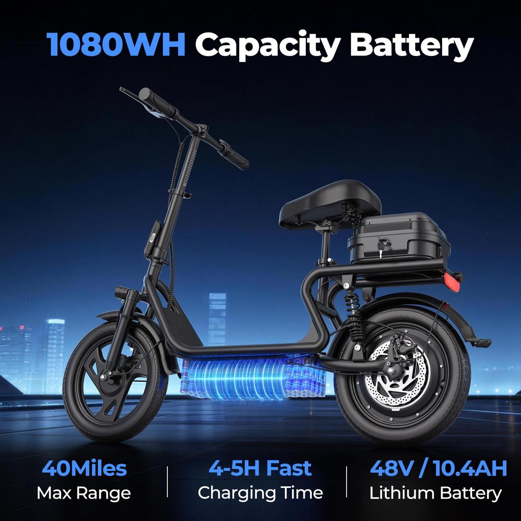 AOVOPRO ESBSXLX Dual Suspension 500W 14 Inch Commuter Electric Scooter 10.4Ah with Seat & Carry Box for Adult-Up To 27 Miles