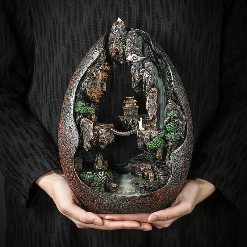 Zen Buddha Kadidelnice s zpětným tokem Design krajinného vodopádu Pryskyřice Domácí dekorace pro meditaci Jógu Kancelářský stůl Úleva od stresu Dárek