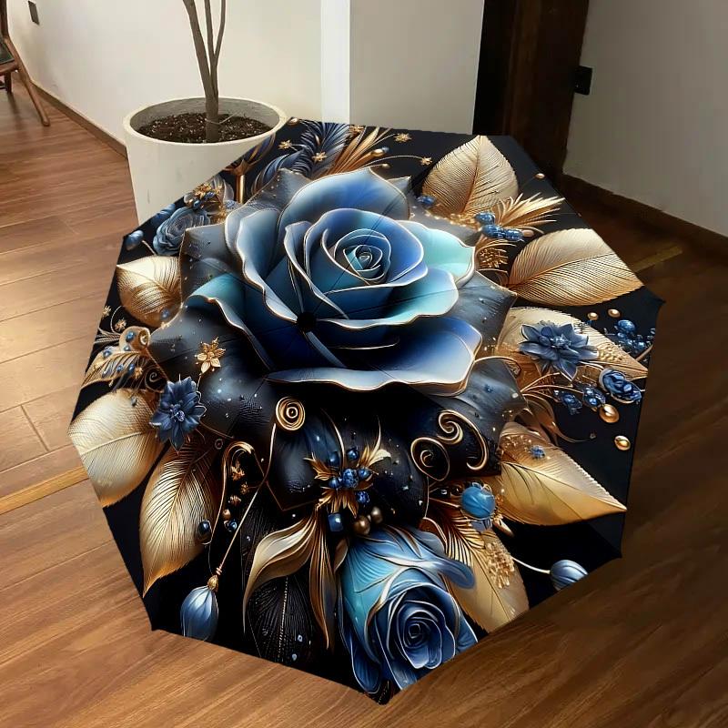 1PC Blue Rose Gold Leaf Umbrella-8-Rib Reinforced, Automatic Open, Lightweight & Durable, Cute Fashion Accessory for Outdoor-A1258