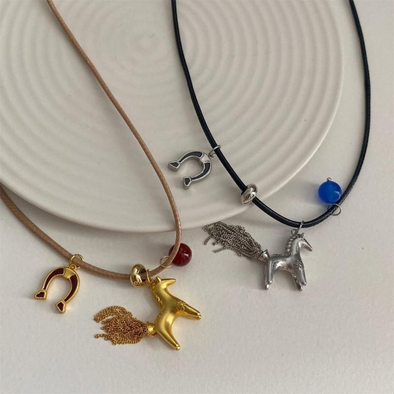 Lightweight Horse Charm Tassels Necklace Stylish Wax Rope Neck Chain Stylish Neck Jewelry Gift For Sister Best Friend