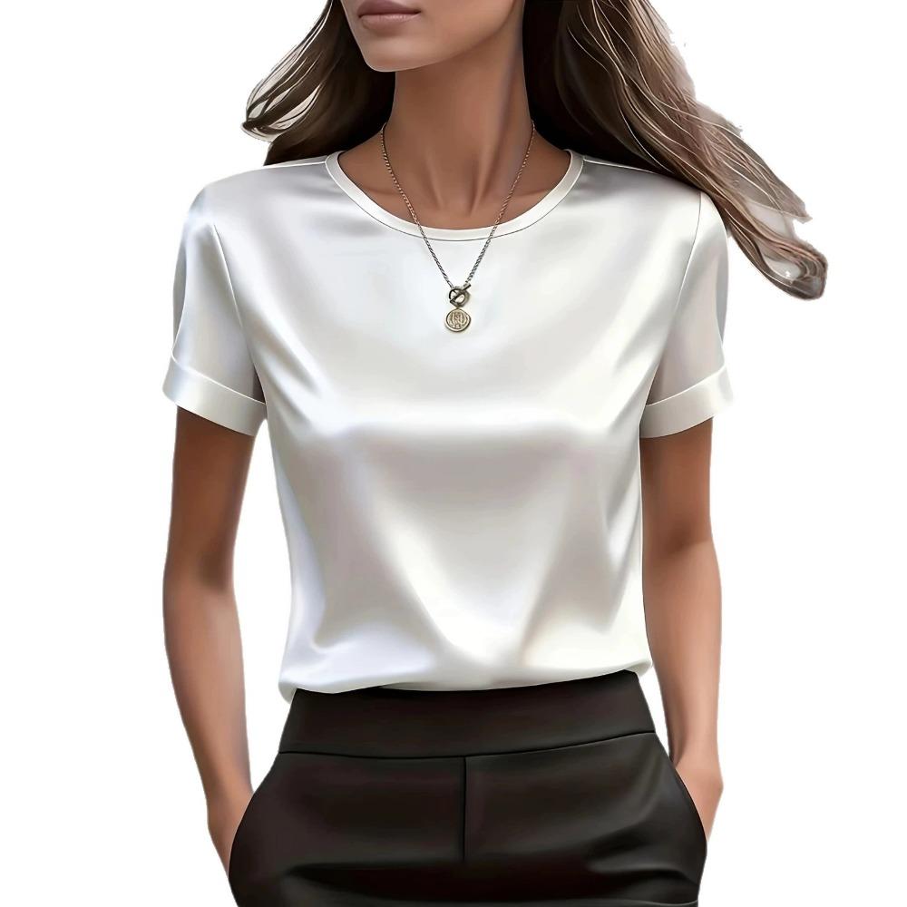 Top de satin pentru femei, nou, cu mânecă scurtă, gât rotund, bluză casual largă