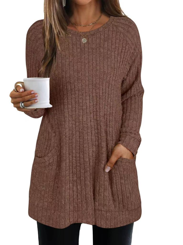 Women's Crew Neck Long Sleeve Knit Tunic Loose Fit Elegant Casual Solid Color Pocket Long Top Fall Pullover Shirt