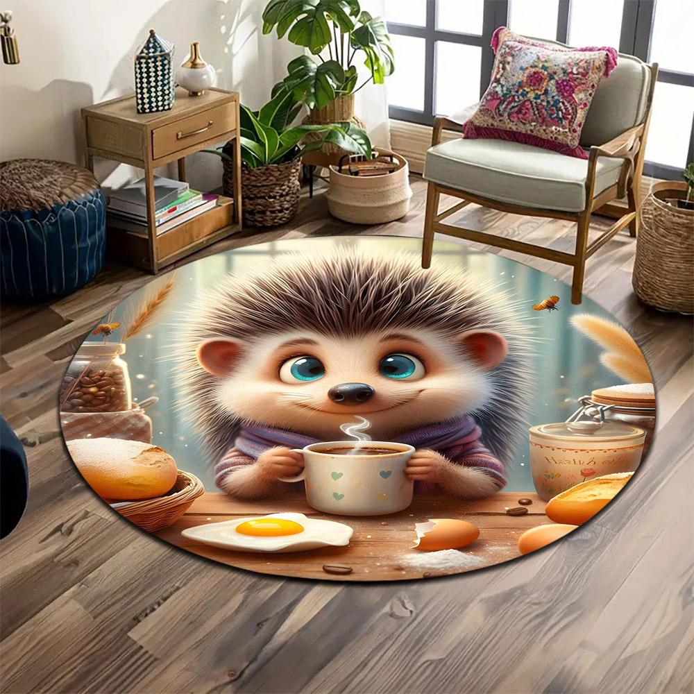 Cute Hedgehog at Cozy Breakfast Table Print round rug, living room, bedroom, playroom carpet, non slip floor mat, gift
