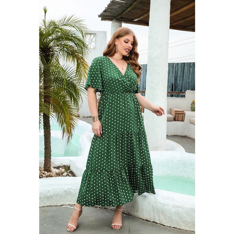 Plus Size Women's Big Size Polka Dot Casual v-Neck Elegant Hem Midi Dresses