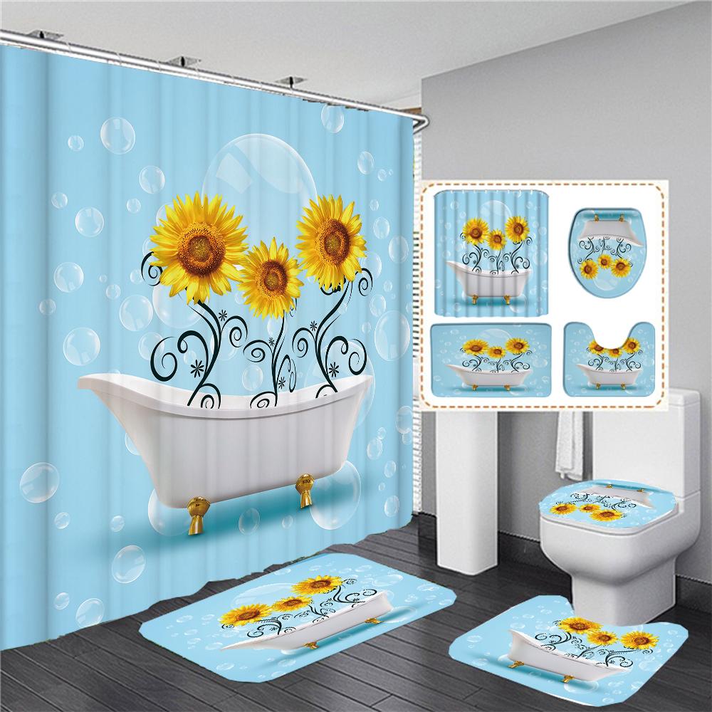 Magic Sunflower Butterfly Shower Curtain Sets Black Yellow Art Country Flower Bathroom Decor Curtains Bath Mats Rug Toilet Cover