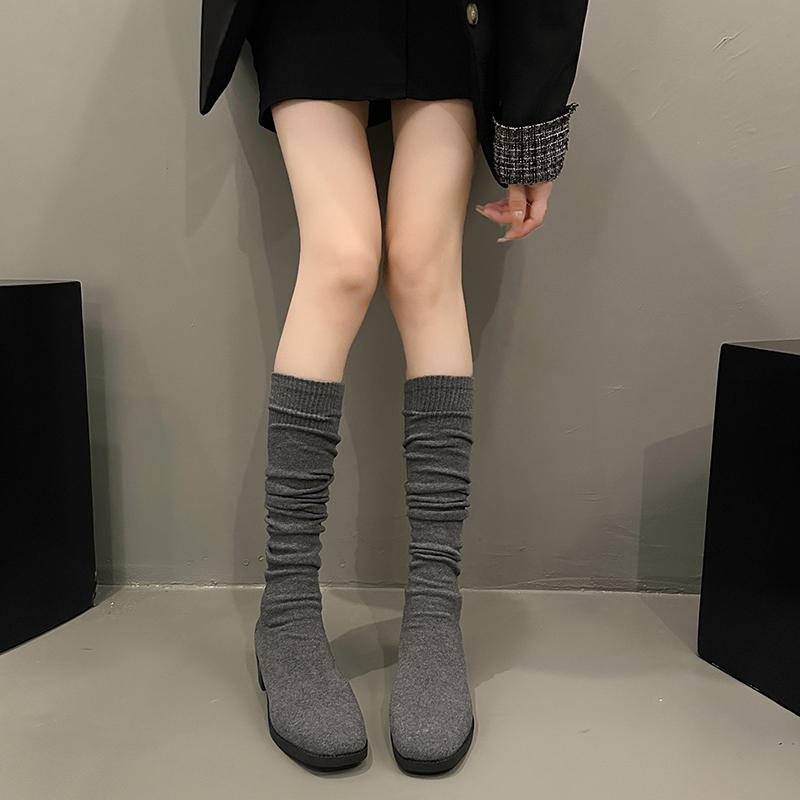 Mode Lange rohr abnehmen runde kappe dicke ferse frühling und herbst winter lange stiefel für frauen elastische gestrickte kniehohe stiefel