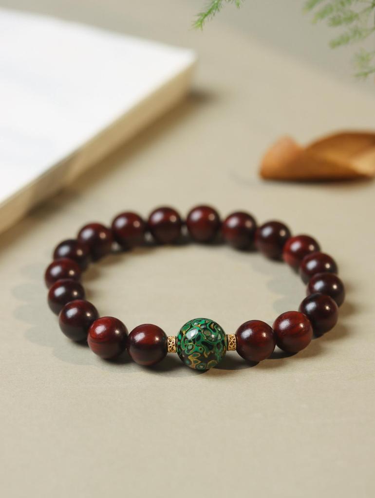 Women's Small-Leaf Rosewood Bracelet with Mother-of-Pearl Bead, Wenwan Buddhist Calming Ornament, Unisex.