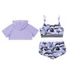 Kids Girls 3 Piece Dance Gymnastic Workout Outfit Short Sleeve Hooded with Crop Tank Top Shorts Sport Tracksuit