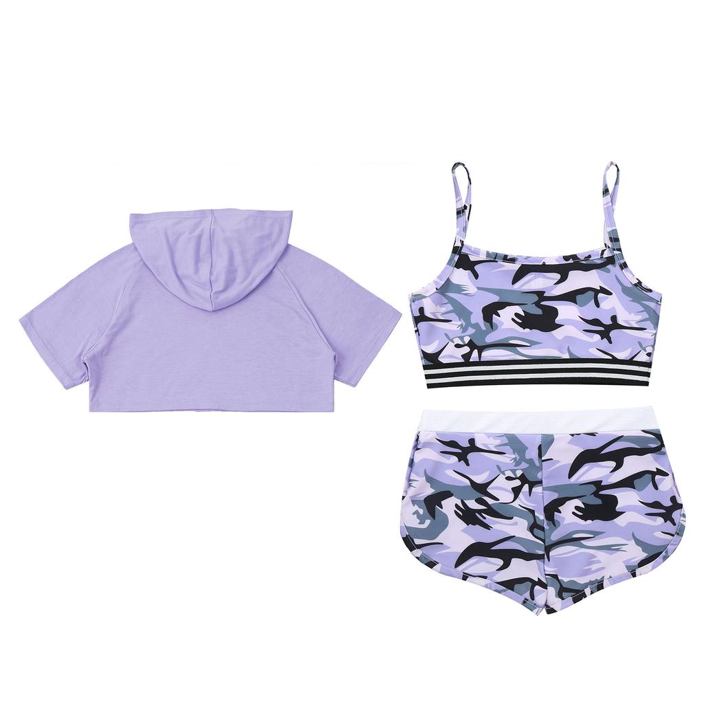 Kids Girls 3 Piece Dance Gymnastic Workout Outfit Short Sleeve Hooded with Crop Tank Top Shorts Sport Tracksuit