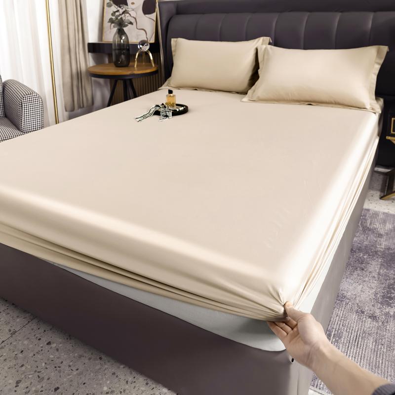 Simple Grey Fitted Sheet Set Solid Color Ice Silk Bedspread with Pillowcases Luxury Smooth Soft Fitted Sheet with Elastic Band