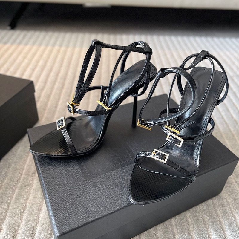 High heels women's 2025 open-toed rhinestones one-word buckle women's shoes stiletto Roman style black sexy sandals
