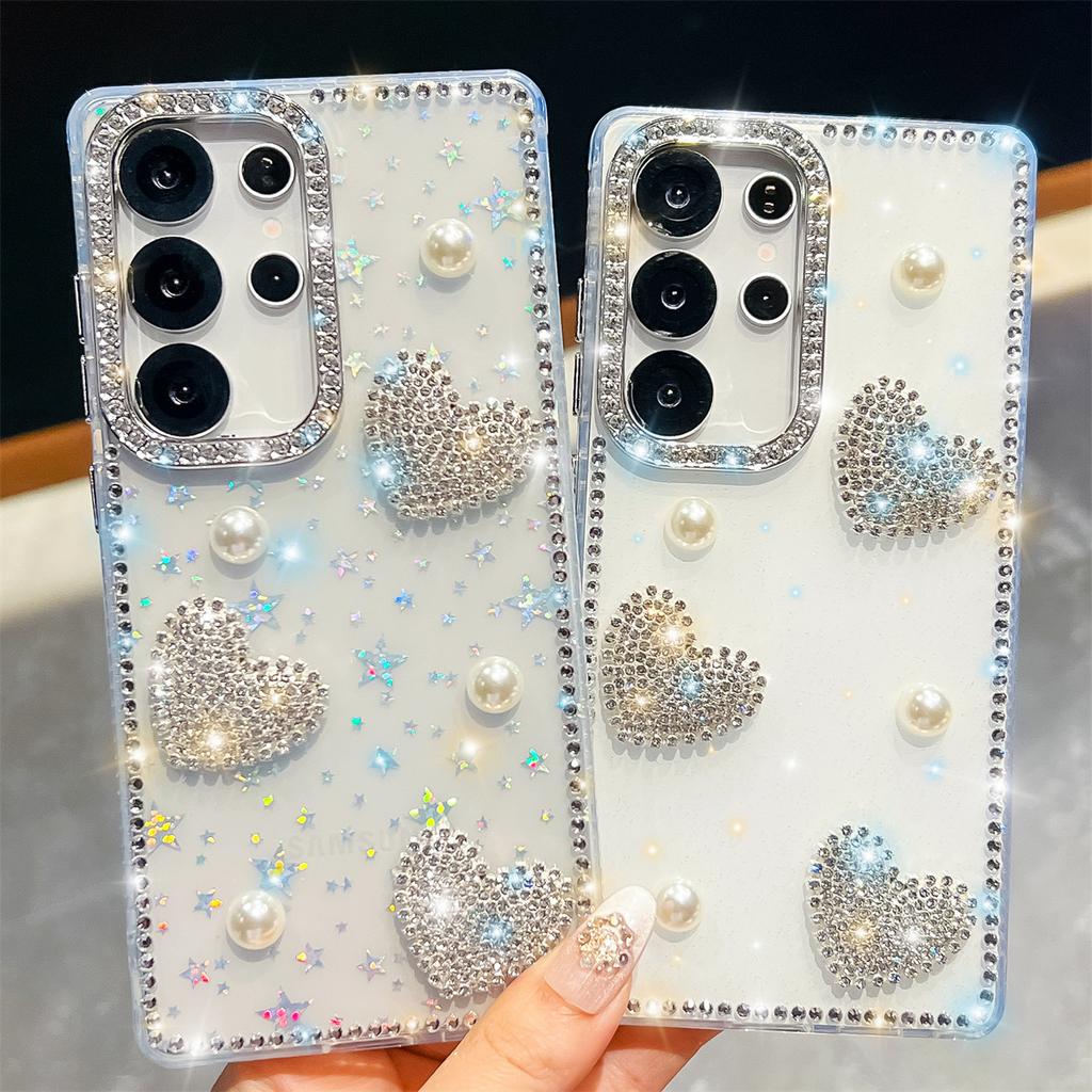 Handmade Sparkly Diamond Pearl Heart IMD Phone Case, Compatible with Samsung S23 Ultra/S24/S25 & A07/A15/A16/A17/A26/A35/A36/A55/A56
