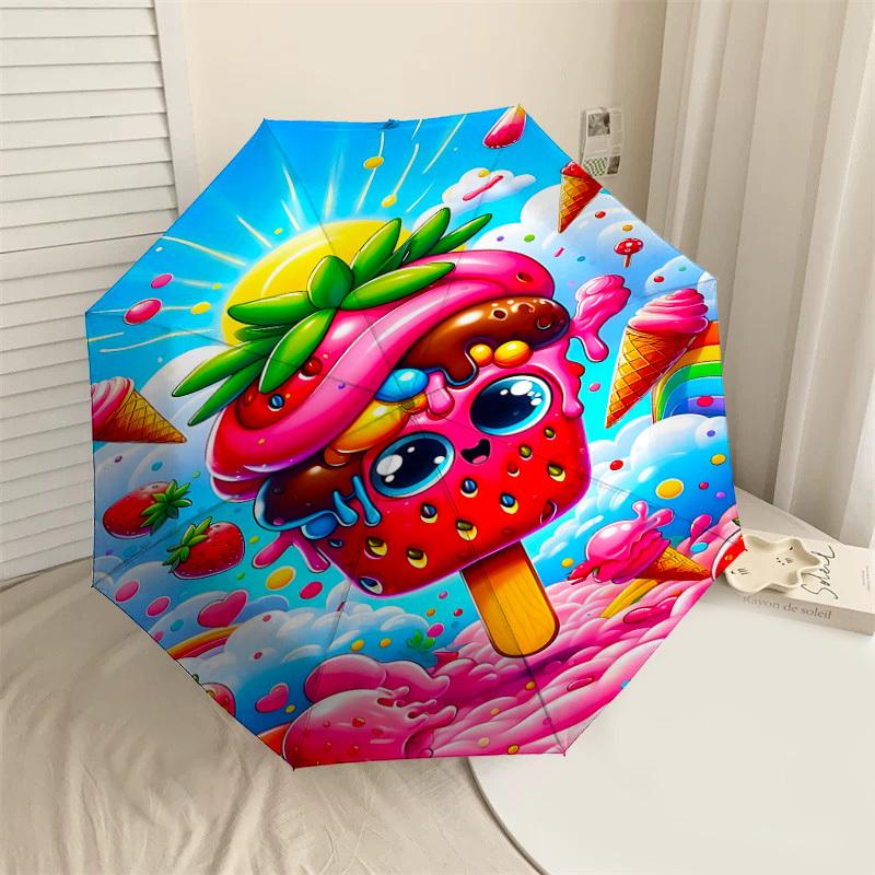 

1PC ice cream, strawberry Automatic Open/Close Umbrella with Windproof, 8-Rib Sturdy Canopy, Durable Ribs, Fashionable Design, Outdoor Accessory, Fun